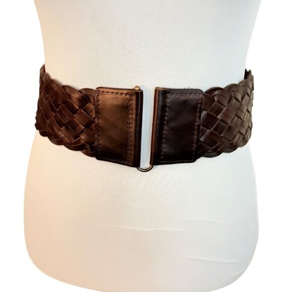Old Navy Stretch Belt Size M Brown Braided Leather Wide Cinch Boho Basket Weave - Picture 1 of 15